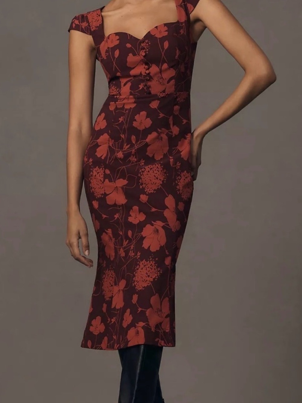 Anthropologie Wine and Rust Floral Midi Dress